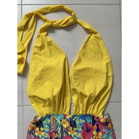 Cocoship Swim One Piece Swimsuit Halter Floral Color Block Swimwear - Picture 2 of 10